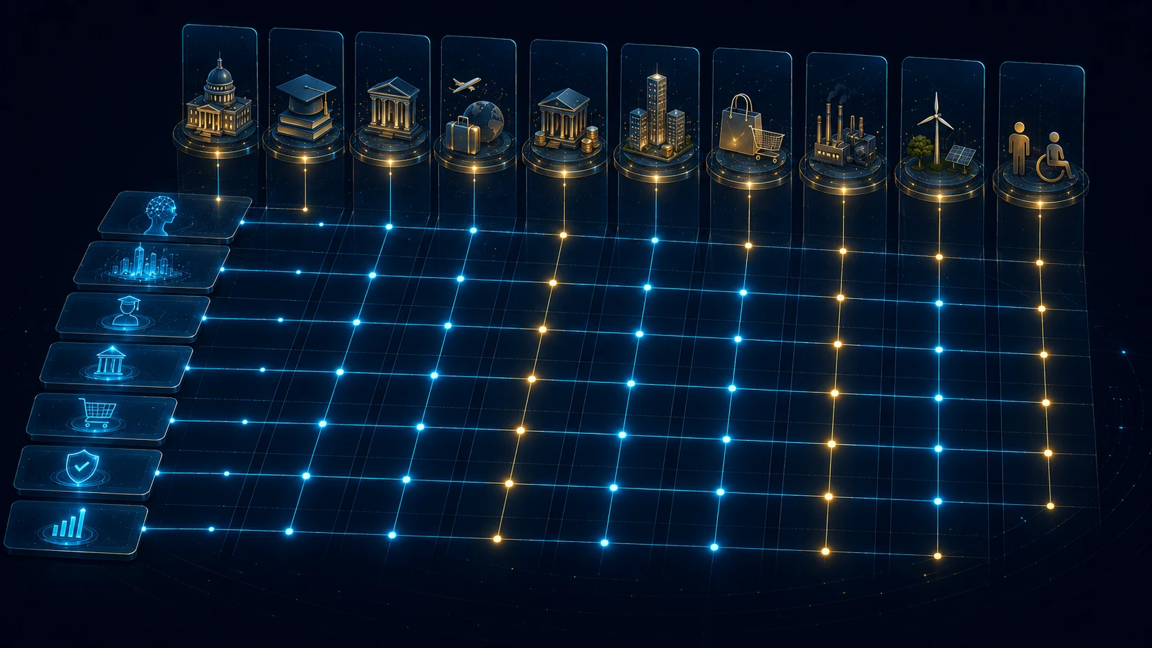 Matrix visual representing the sector-module approach where sectors map to modules